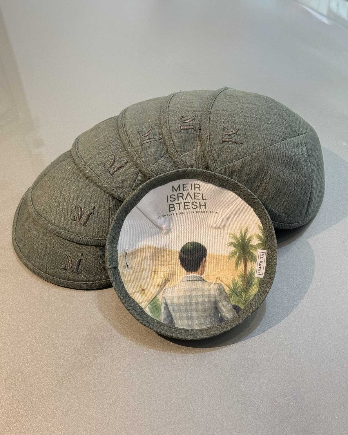 Kippot tejidas verde oliva personalizadas para bar mitzvah, con estampado interior